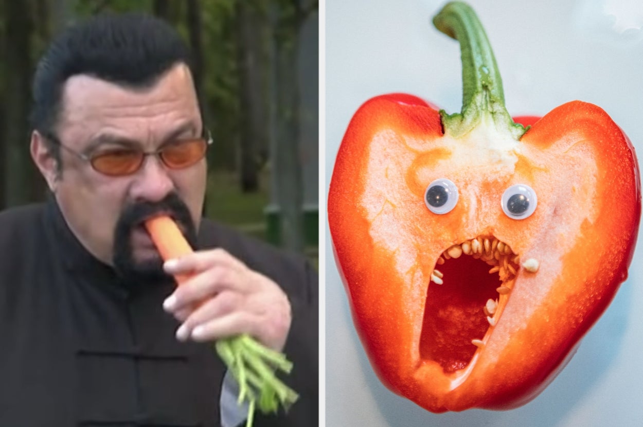 Person biting a carrot next to a bell pepper half with googly eyes and a face carved into it