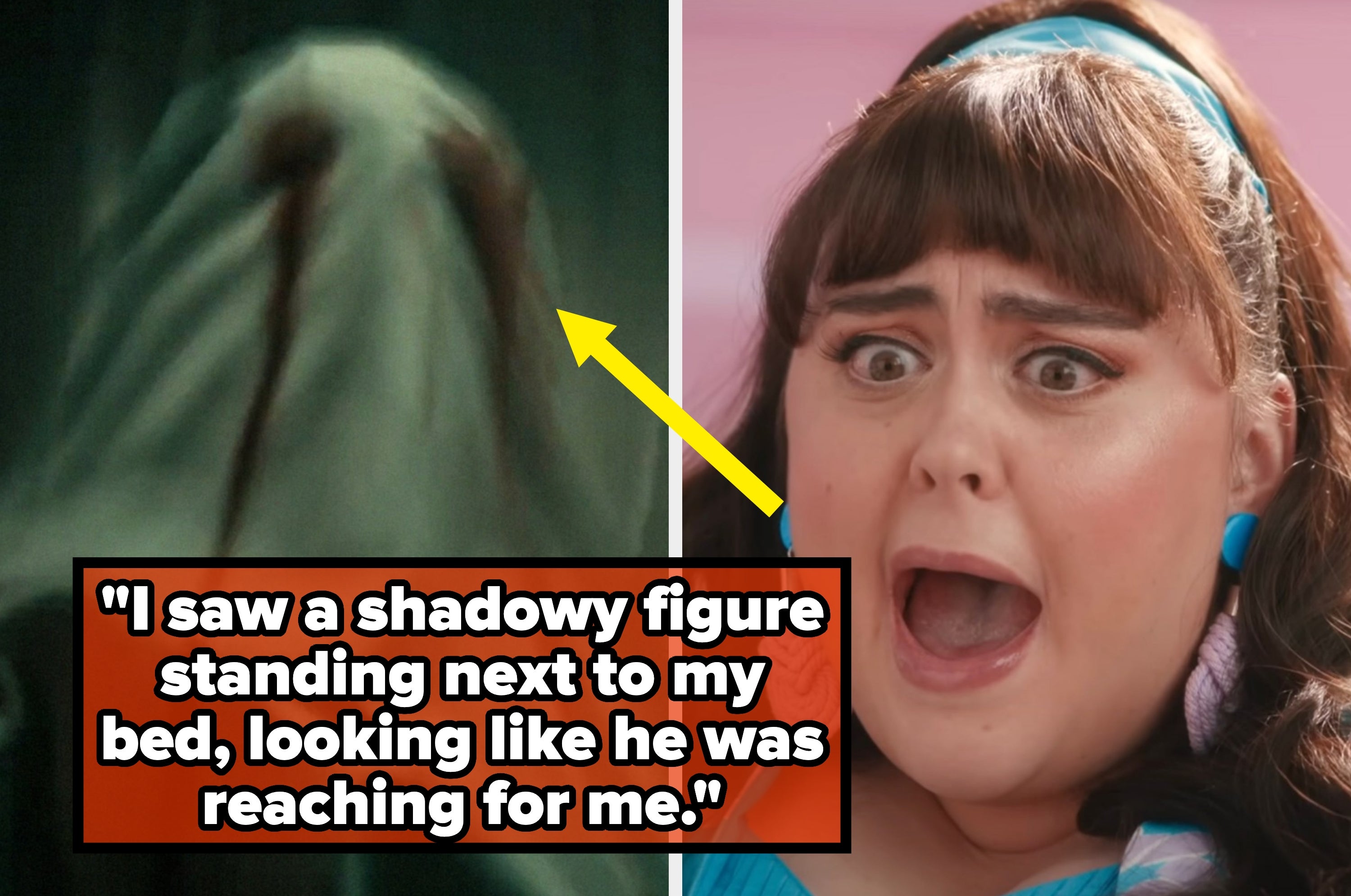 A shadowy figure with an ominous appearance, accompanied by text: "I saw a shadowy figure standing next to my bed, looking like he was reaching for me."