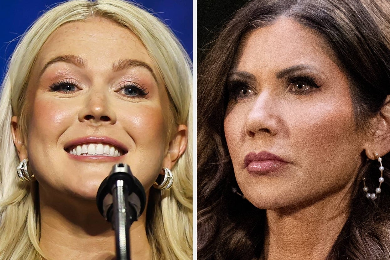 Two women at separate events, one speaking at a podium, both with styled hair and wearing earrings