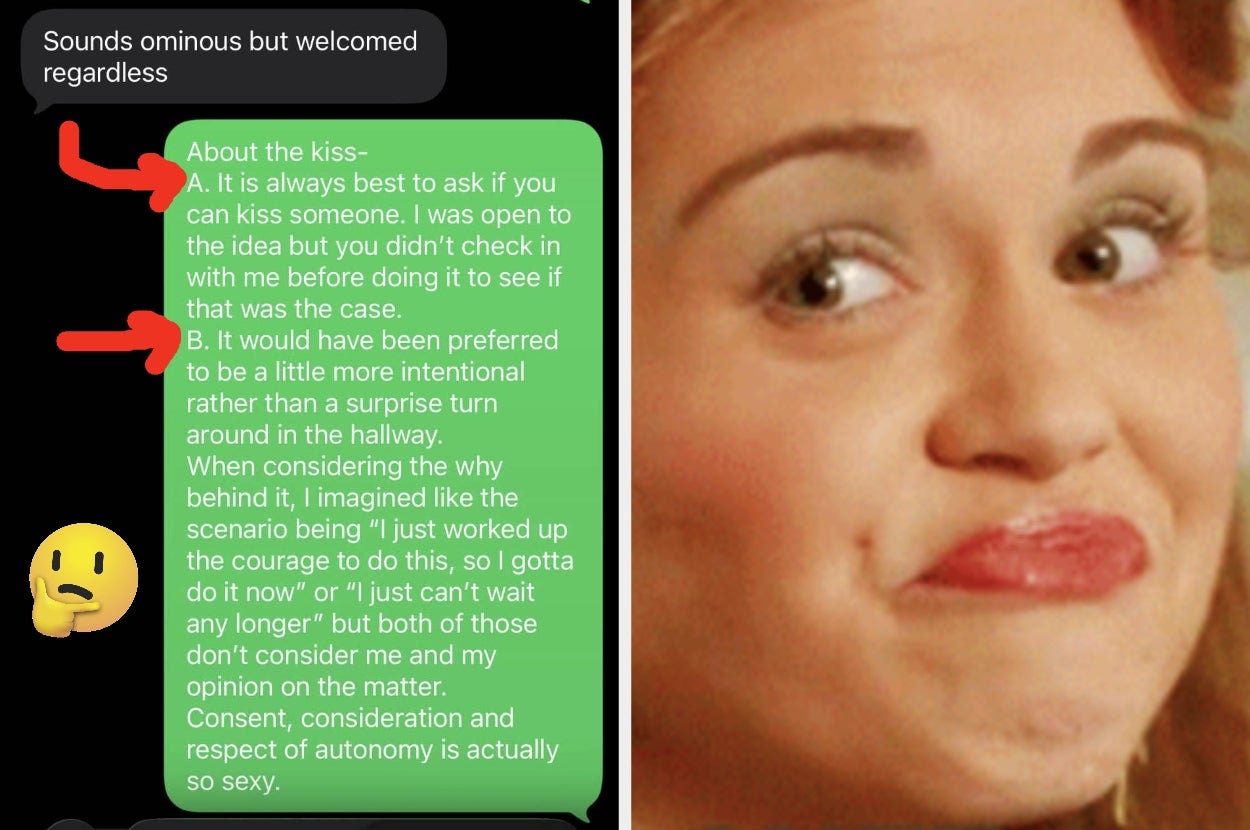Text exchange analyzing a kiss; concern about consent and autonomy. Discusses preference for intentional approach over a surprise kiss