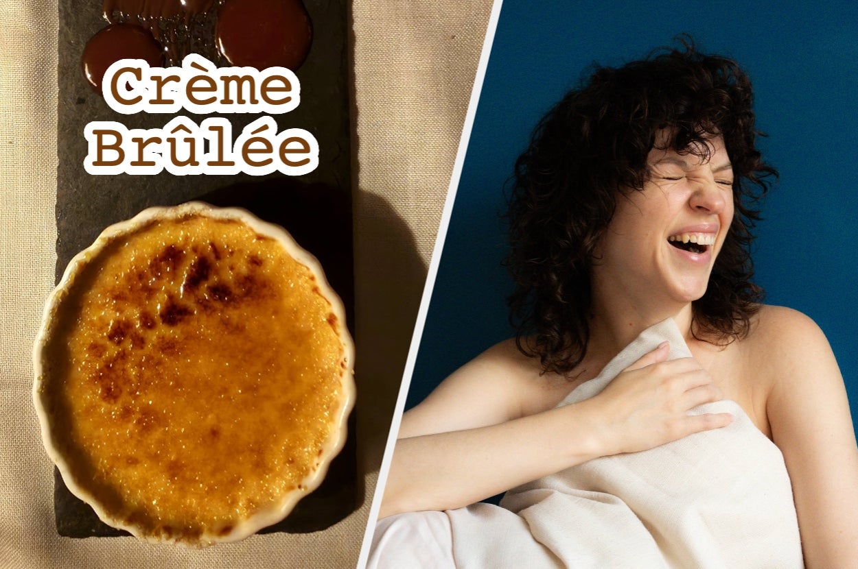 A woman laughing wrapped in a towel beside a dish of crème brûlée on a dark surface with the text "Crème Brûlée" above it