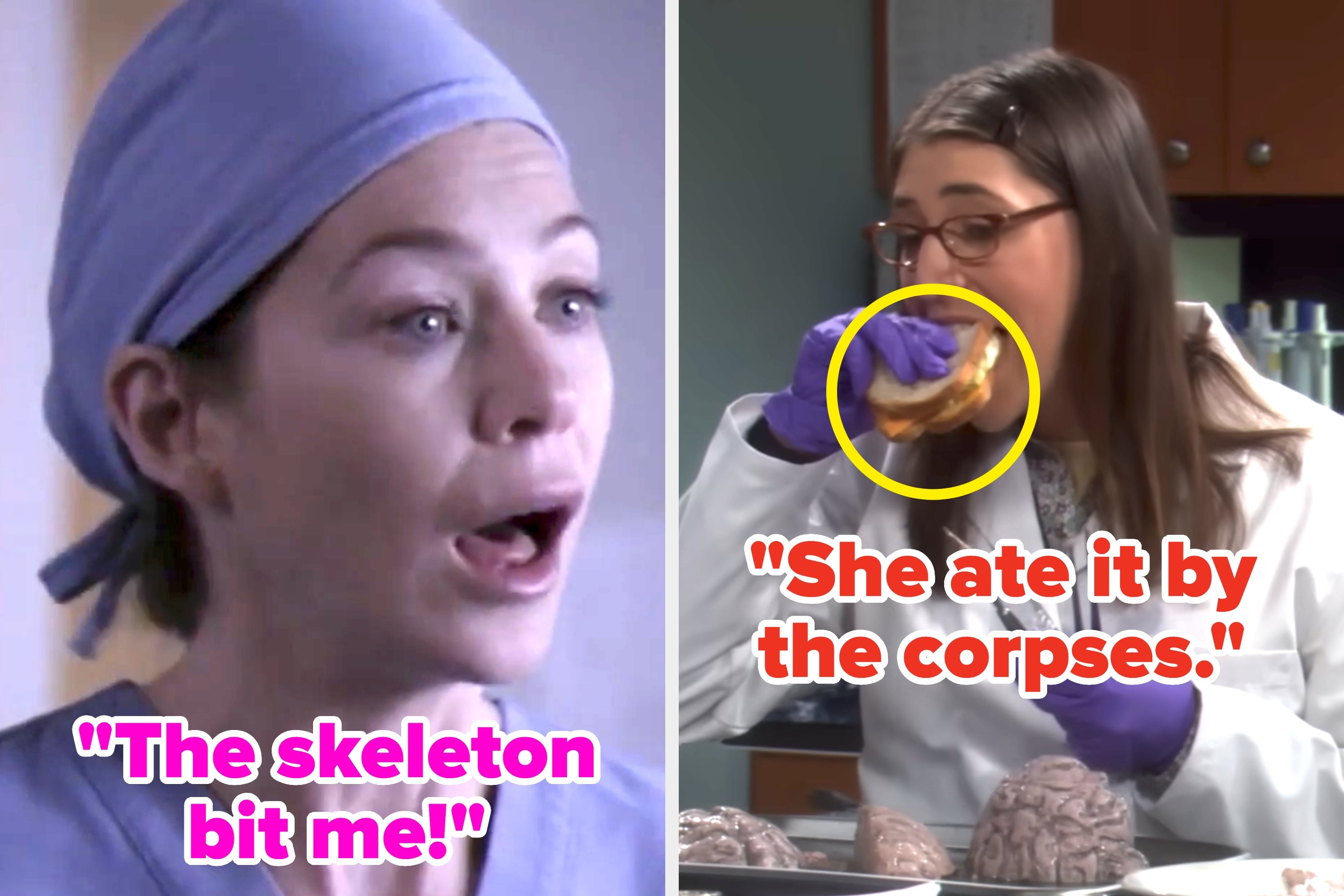 Two TV scenes with humorous captions: "The skeleton bit me!" and "She ate it by the corpses."