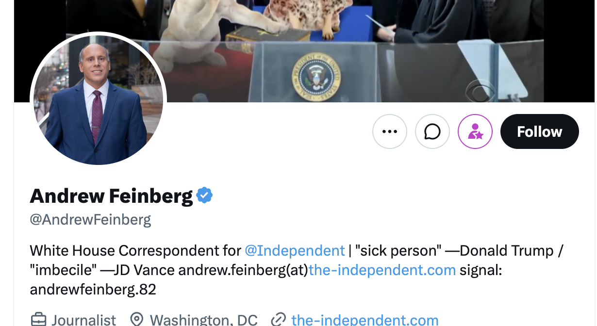 Twitter profile of Andrew Feinberg, White House Correspondent, with contact details and humorous quotes about politicians