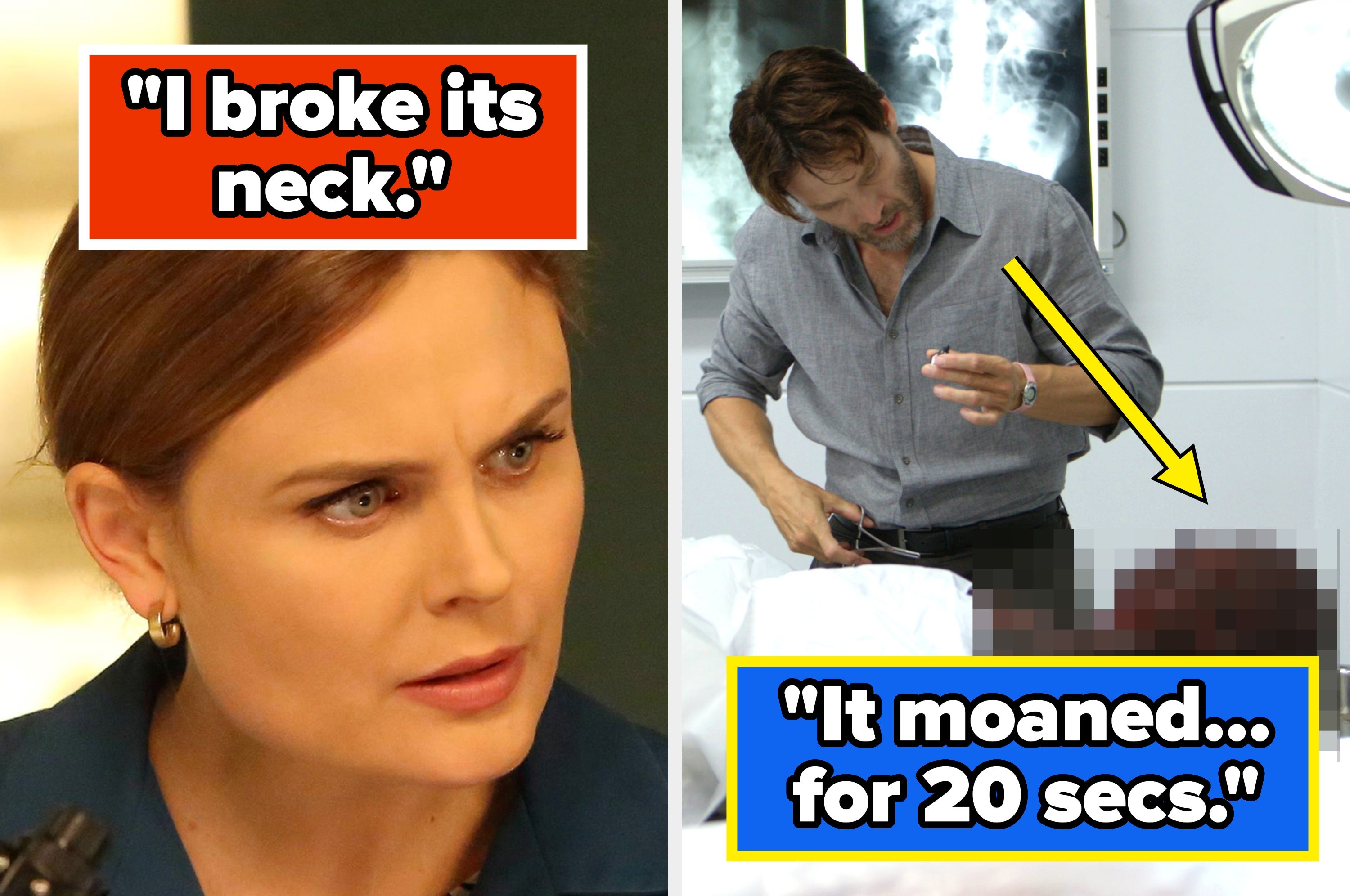 Two-panel meme: Left shows a concerned woman with the text "I broke it's neck." Right shows a man in a lab with a body, text reads "It moaned... for 20 secs."