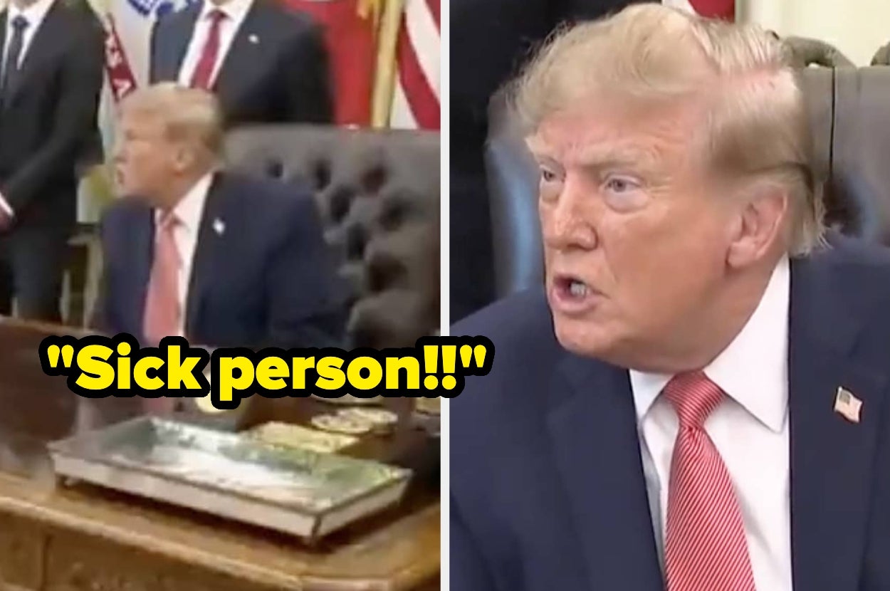 Two images of a man in a suit and red tie speaking in an office setting. Text overlay: "Sick person!!"