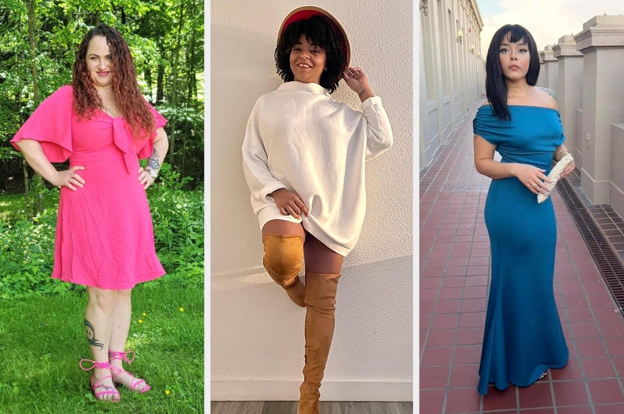 Three individuals showcase dresses: left in a flowy pink dress; center in an oversized white sweater dress with thigh-high boots; right in an elegant blue gown