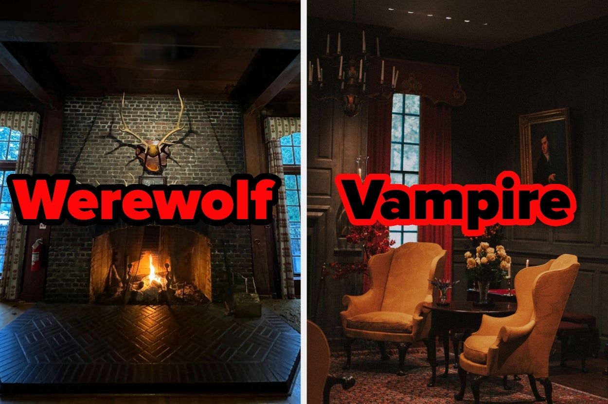 Split image: Left, a cozy brick fireplace with antlers labeled "Werewolf". Right, an elegant room with dark decor labeled "Vampire"