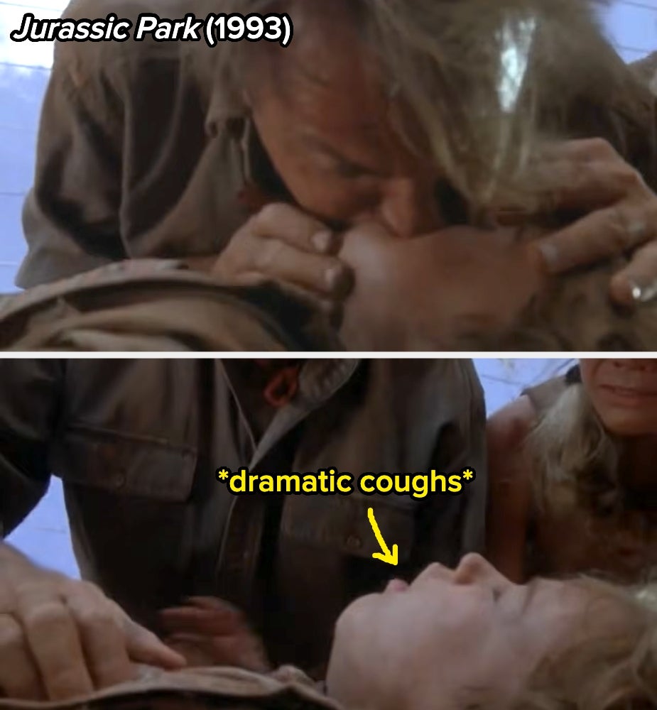 Scene from Jurassic Park where Sam Neill performs CPR on Joseph Mazzello, immediately waking him up