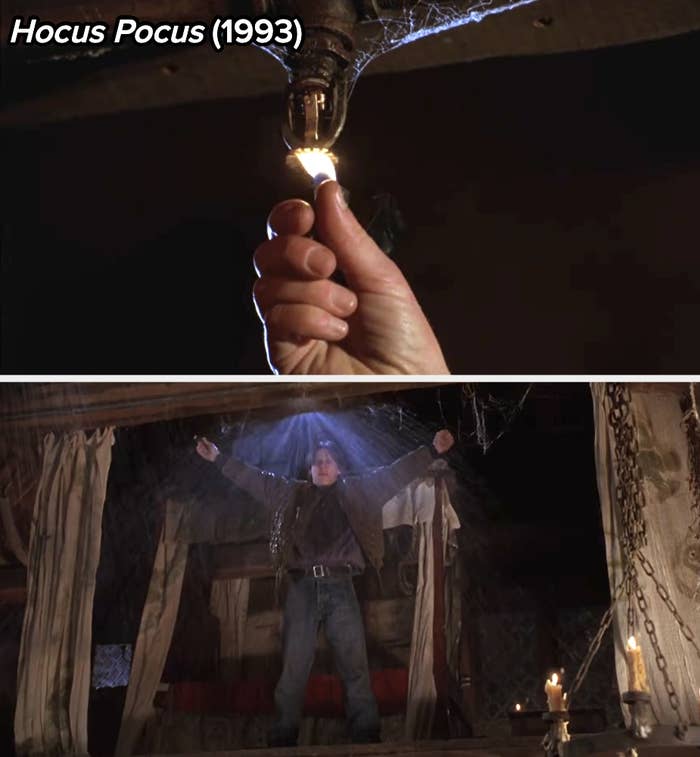 Scene from Hocus Pocus where the main character holds a lighter up to a sprinkler, making it immediately go off