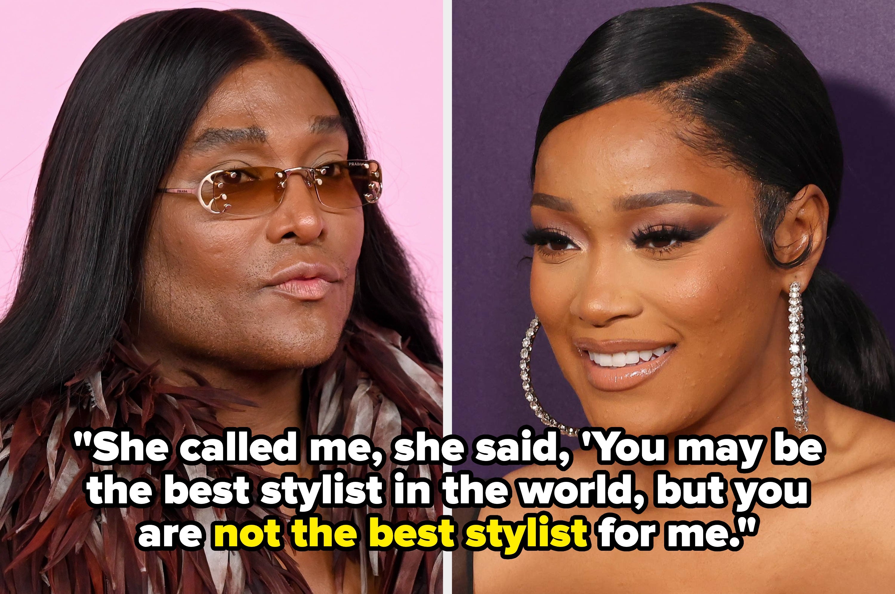 Two people with long hair and hoop earrings. One wears sunglasses and a feathered outfit, the other smiles with sleek hair and sparkling earrings