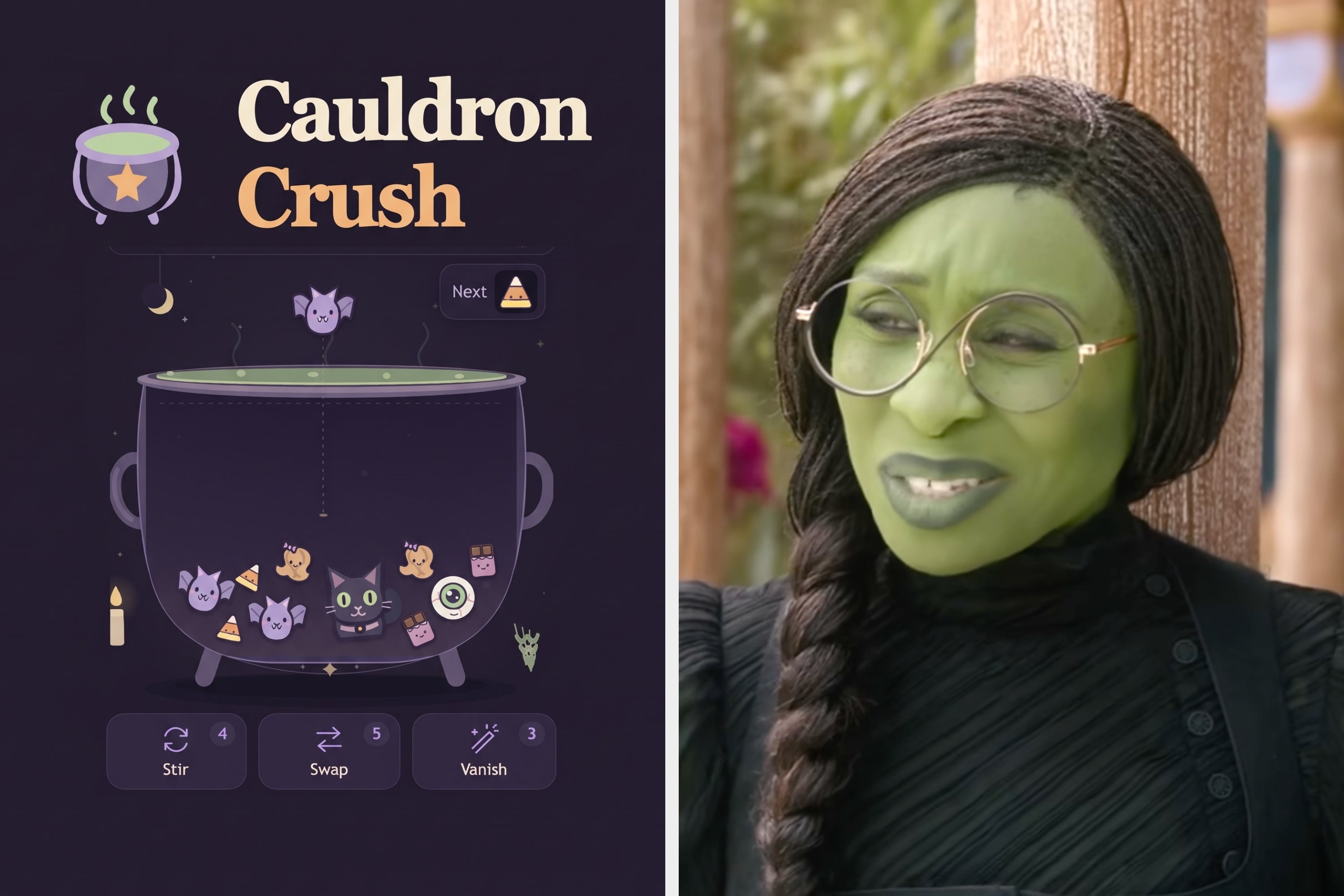 Person in witch costume with pointed hat, next to cauldron graphic with cute icons like a witch hat, cat, ghost, candy, and broom