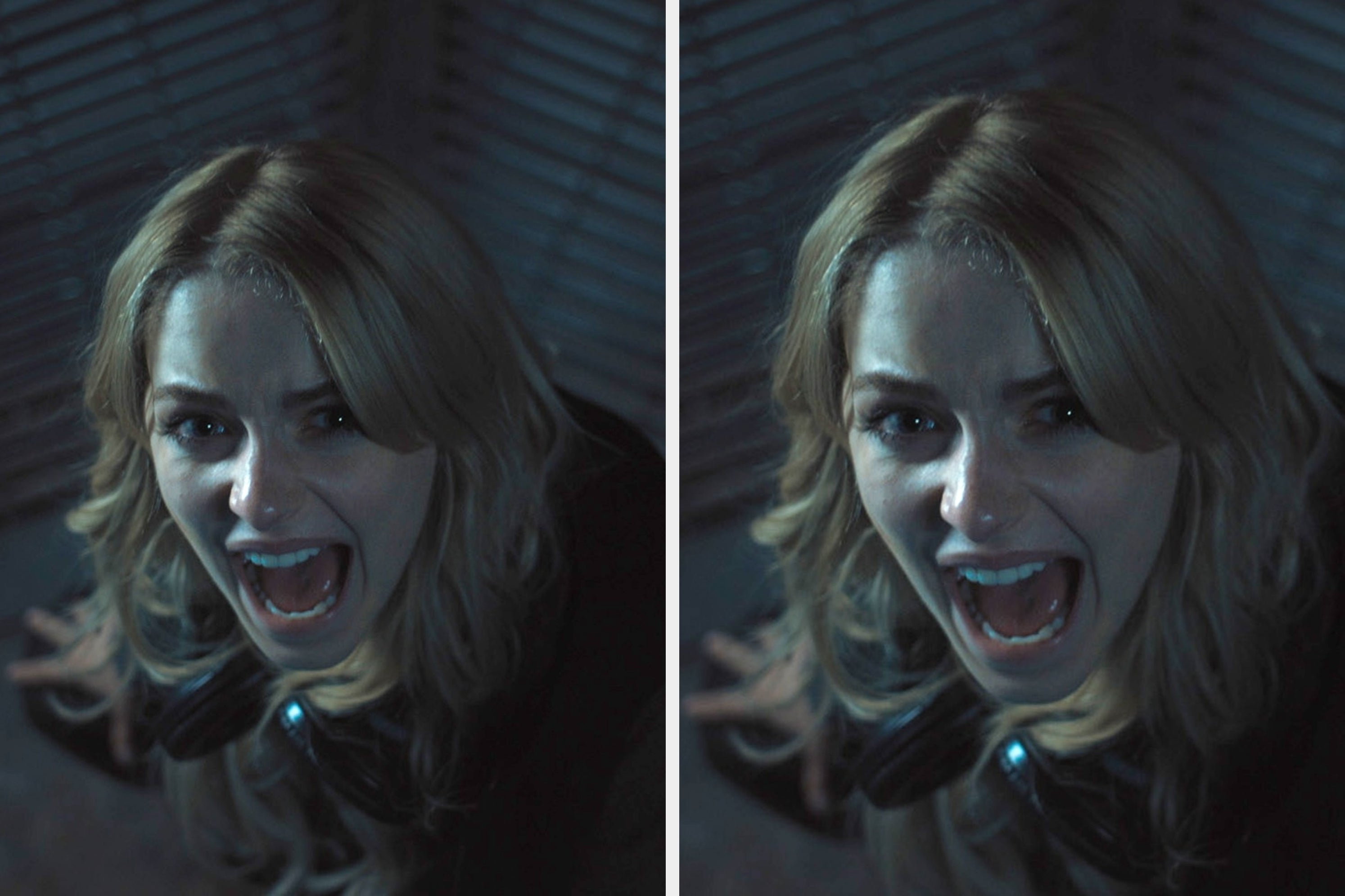 Person with long hair, wearing a leather jacket, looks distressed and appears to be screaming in a dimly lit setting