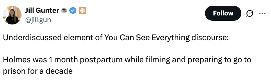 Tweet by idiosyncratic    discussing that Holmes was 1 period  postpartum portion    filming and preparing for a decennary  successful  prison