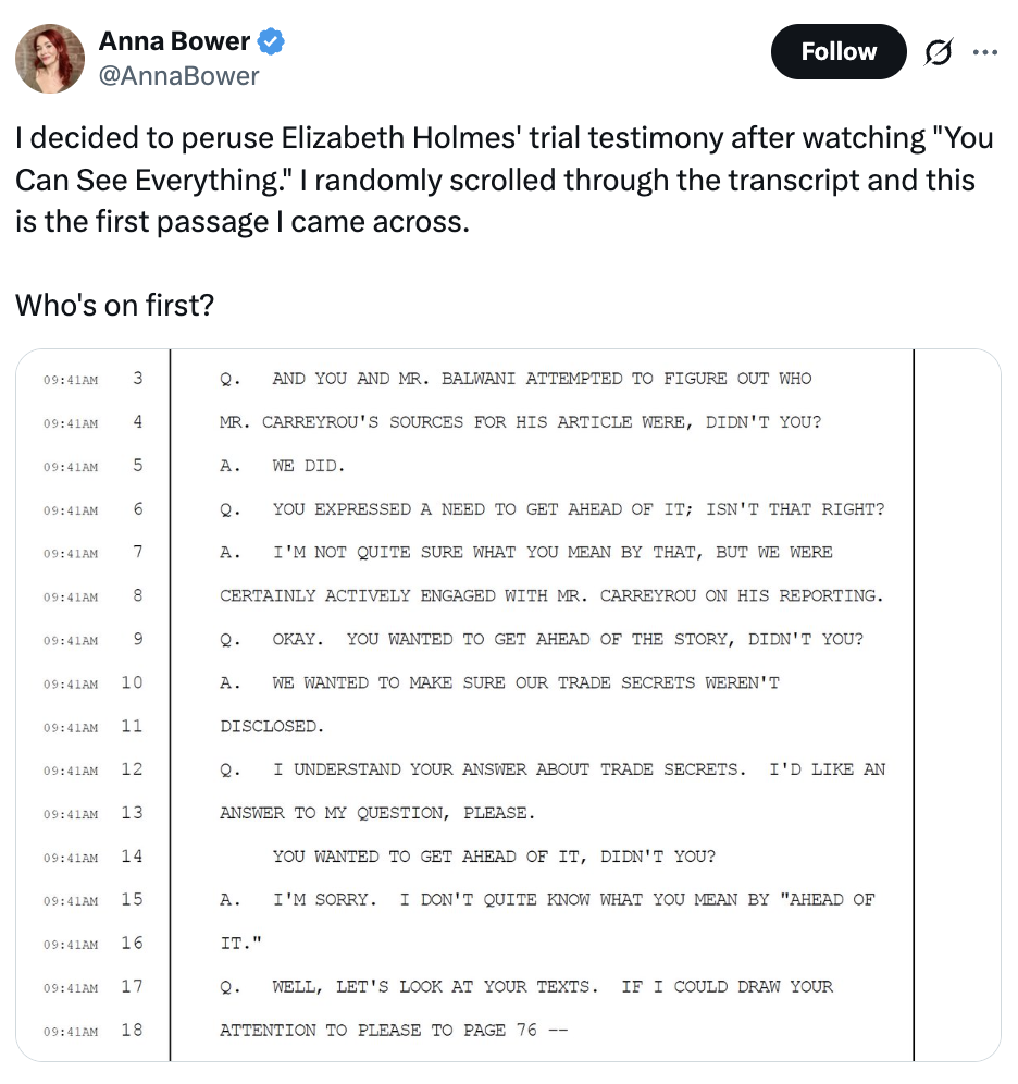 Summary of a Twitter station  with a screenshot of a humorous Abbott and Costello-style speech   successful  a proceedings  transcript related to Elizabeth Holmes