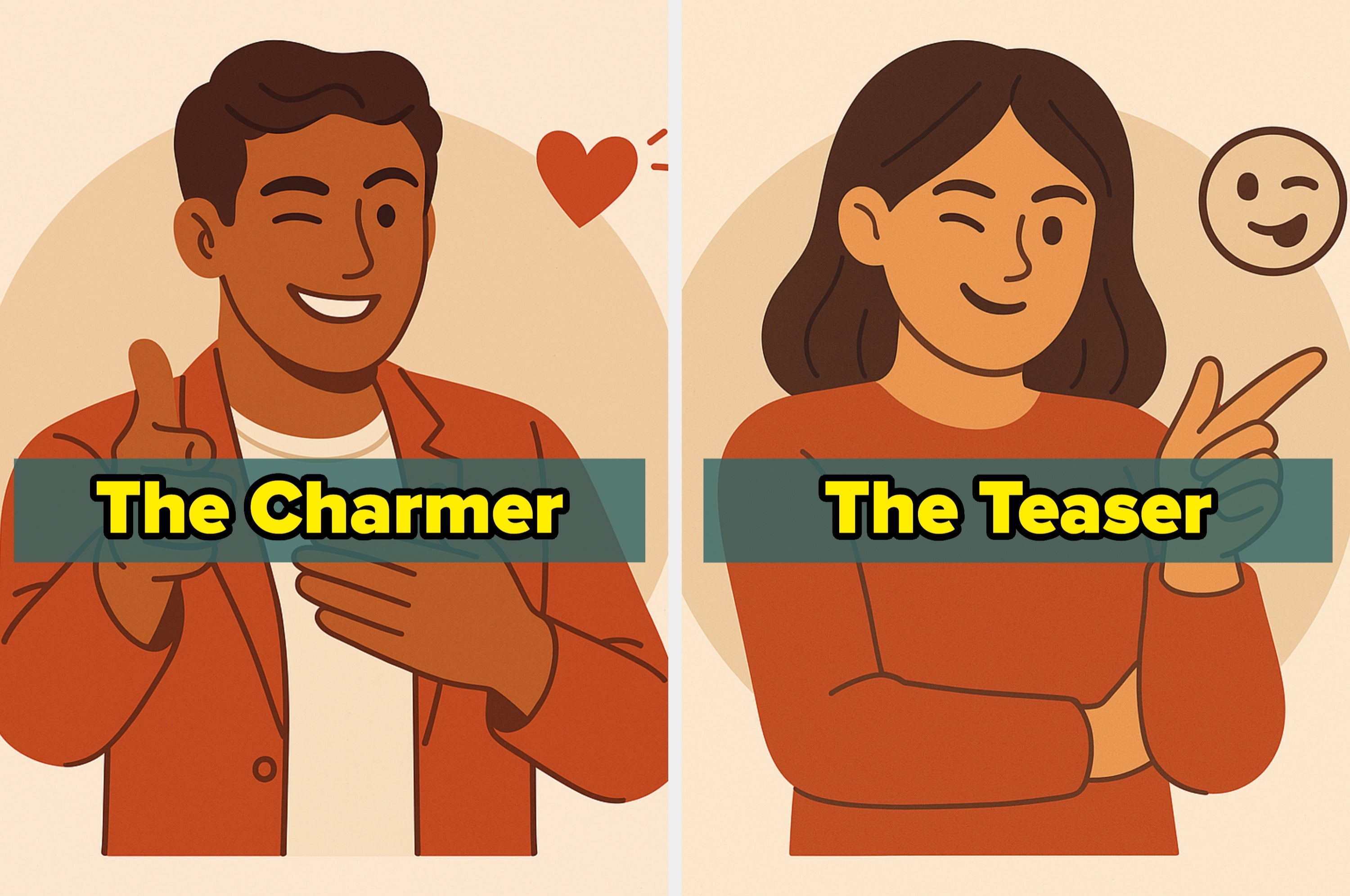Illustration of two people: one winking with "The Charmer" text, the other teasing with "The Teaser" text. Both are gesturing playfully