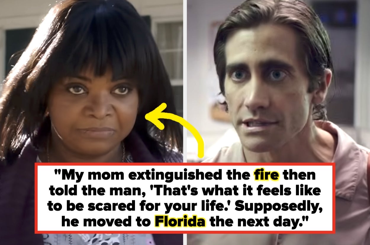 Two movie scenes side by side. Text reads a story about a man moving to Florida after a woman's mom scares him for life