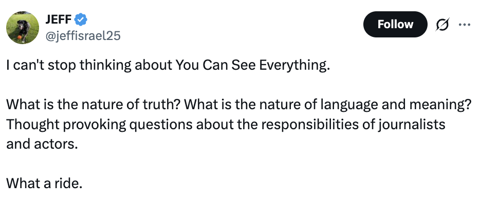 Tweet discussing the quality  of truth, language, and meaning, and pondering the responsibilities of journalists and actors