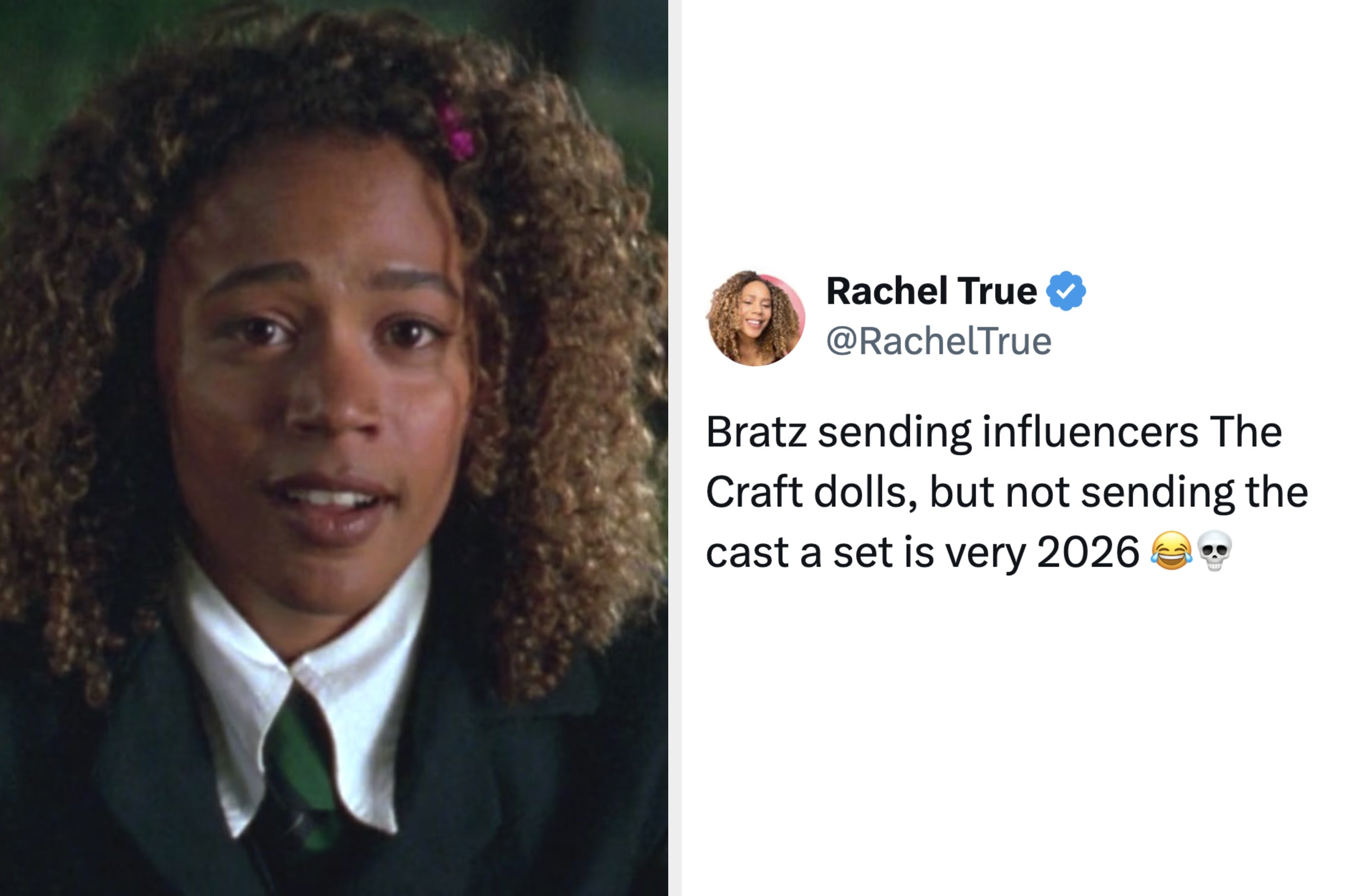 Rachel True as Rochelle Zimmerman beside a tweet about Bratz sending The Craft dolls to influencers but not to the cast