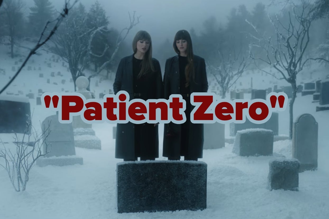 Taylor Swift and Dakota Johnson in "Patient Zero" music video in coats stand in a snowy cemetery with "Patient Zero" written above them in bold red text