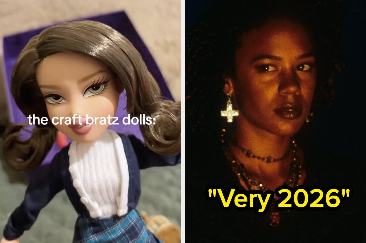 Bratz doll in plaid outfit with text "the craft Bratz dolls"; person wearing cross earrings with text "Very 2026"