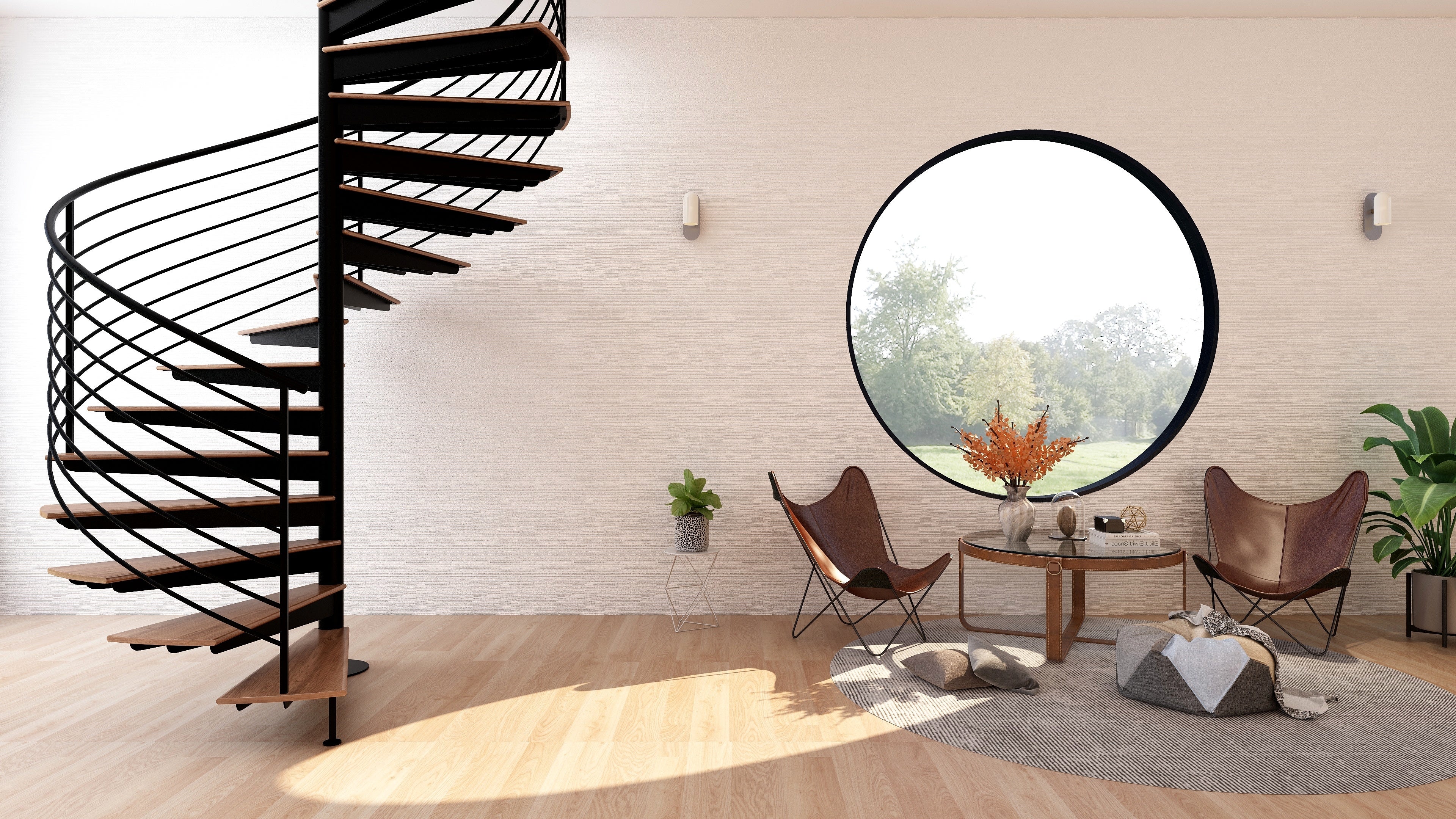Spiral staircase in a minimalist living room with leather chairs, round window, plants, and a cozy area rug