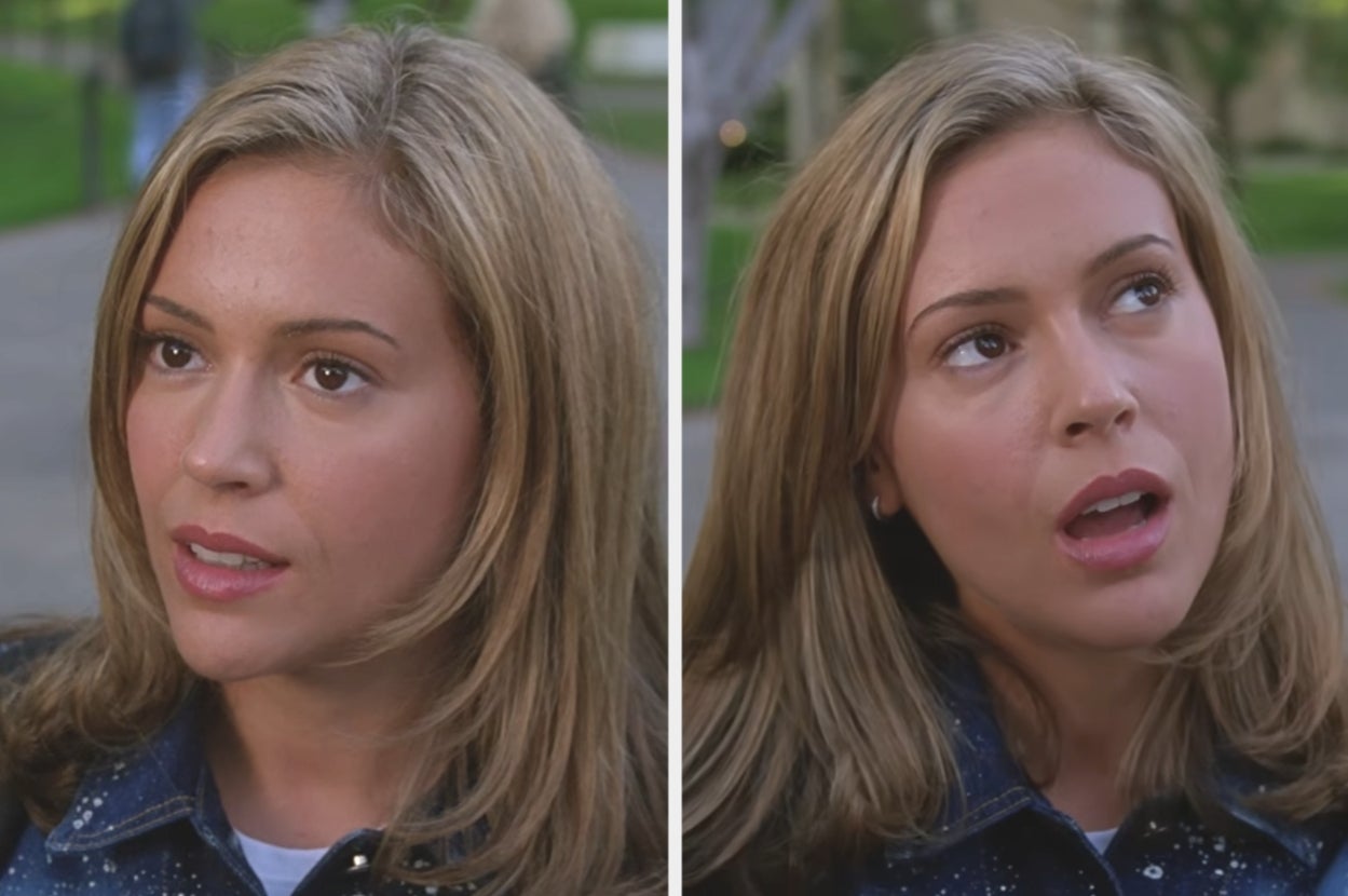 Two side-by-side images of a woman with shoulder-length hair wearing a denim jacket, one looking neutral and the other surprised
