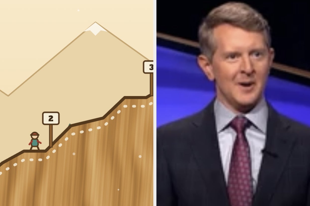 Video game character on a mountain, with numbered markers. Host in a suit and tie on a game show set