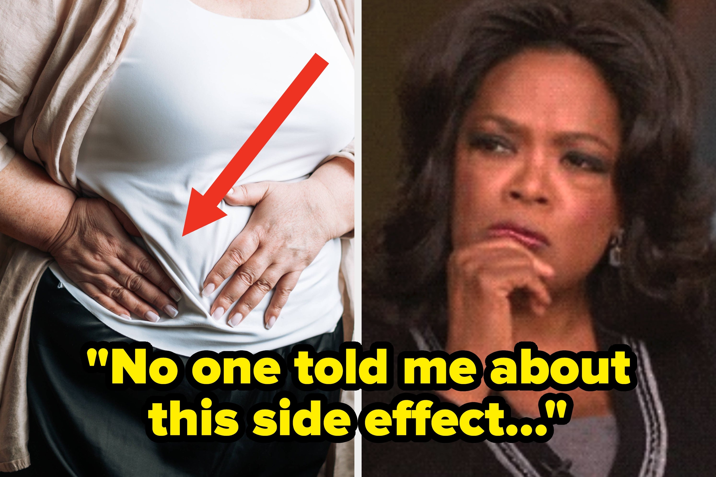 Split image. Left: Oprah Winfrey thinking with her hand on her chin; Right: a woman holding her abdomen in pain. Text: "Gallbladder problems are prominently stated in the GLP-1 commercials and are more likely to affect women."