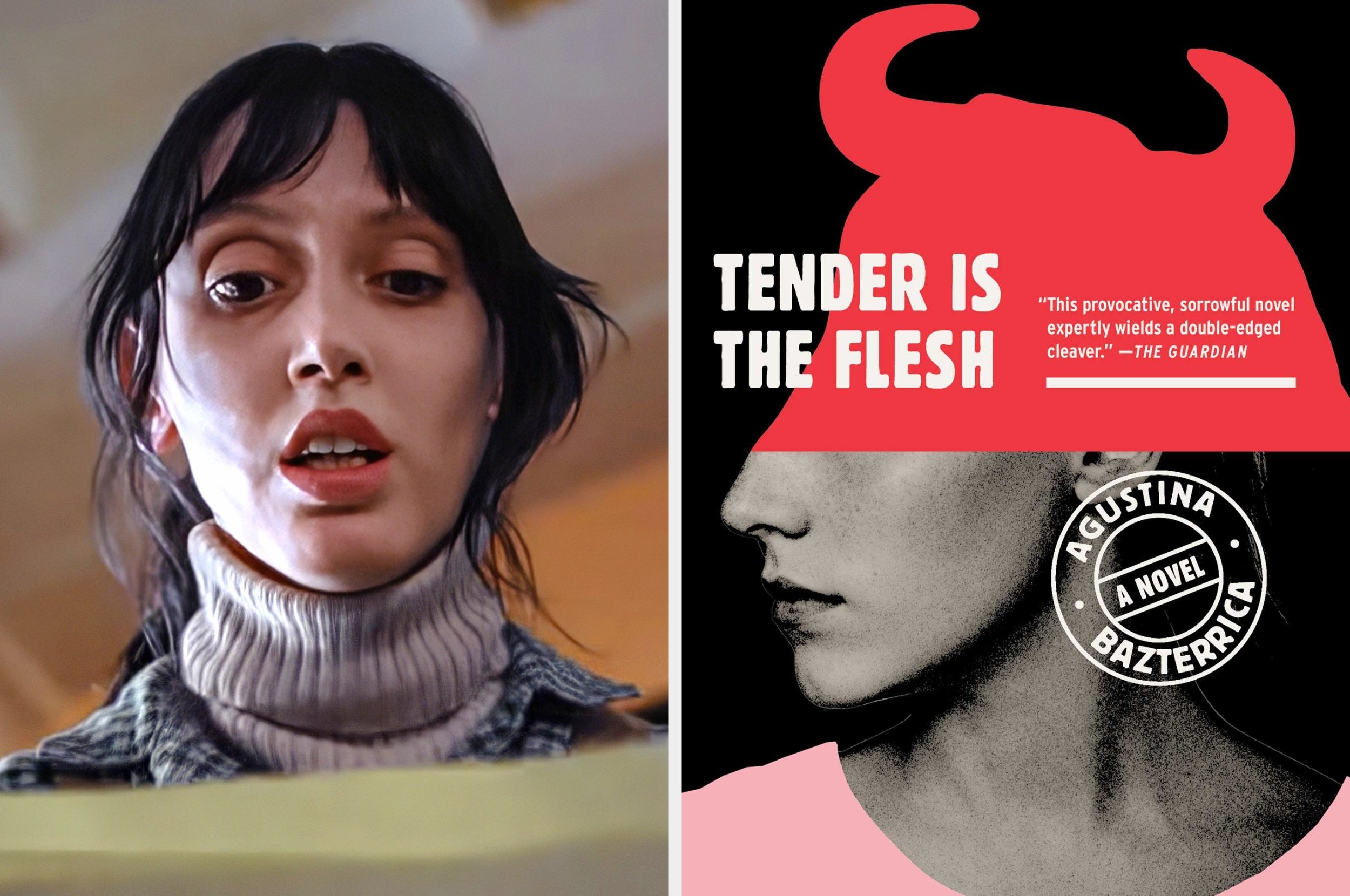 Person reading intensely next to a book cover of "Tender Is the Flesh." The book is described as provocative and expertly crafted