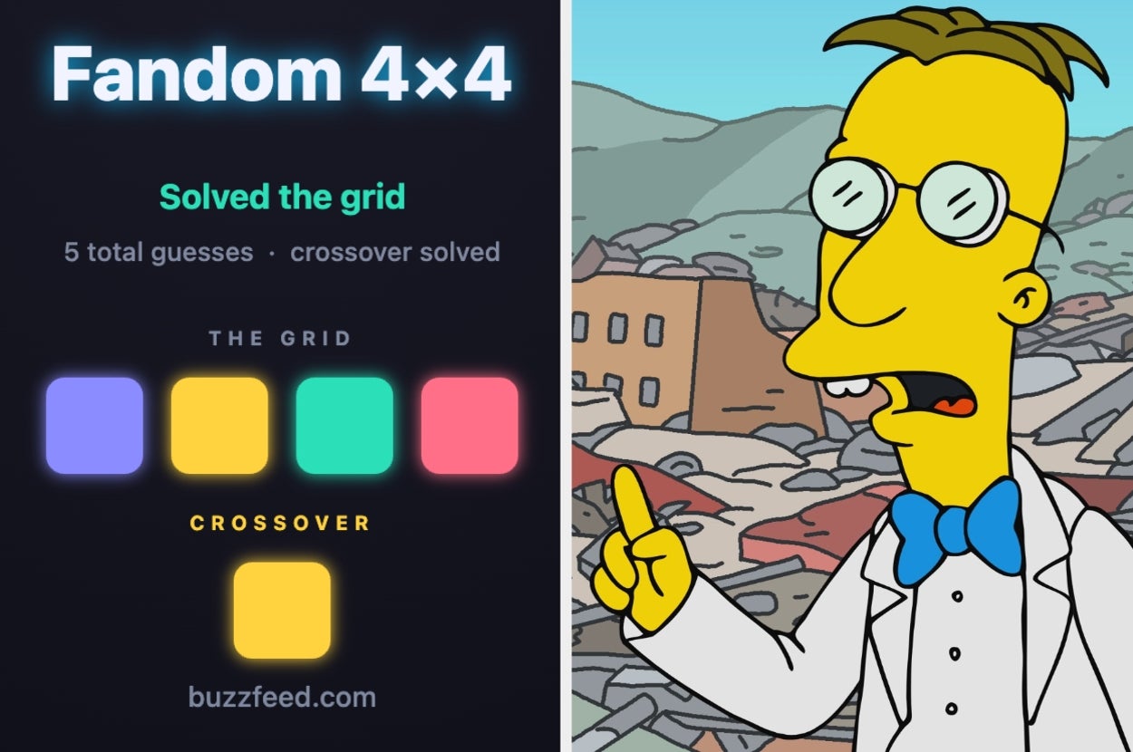 BuzzFeed's "Fandom 4x4" game solved on five guesses; cartoon character with a white lab coat and bow tie speaks nearby
