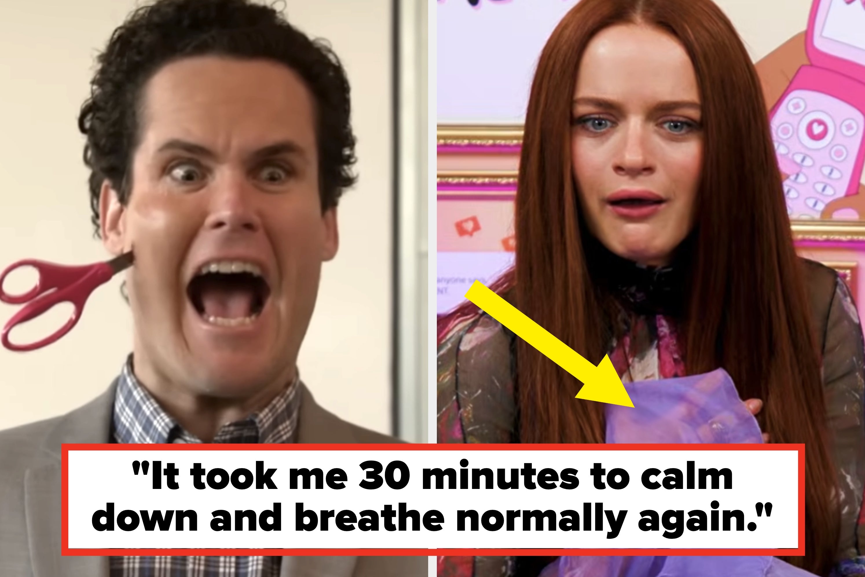 Two photos show shocked expressions: left, a person with scissors behind their ear, right, a person with long hair in colorful, semi-sheer clothing