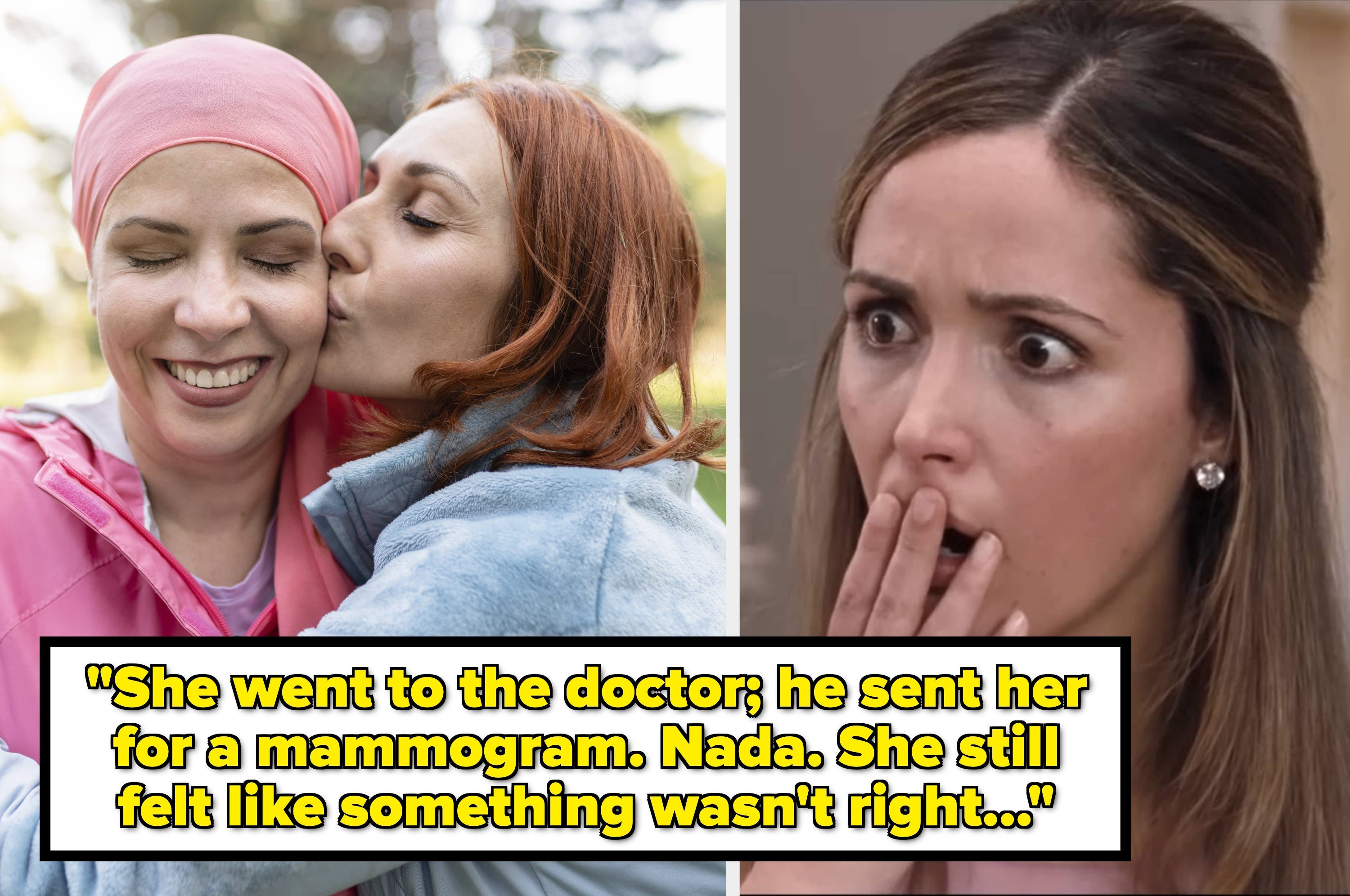 Split image. Left: Two women embrace, one wearing a headscarf, suggesting cancer treatment. Right: Rose Byrne covers her mouth in shock. Text: "My other aunt got a mammogram because the first found a lump. They were diagnosed..."