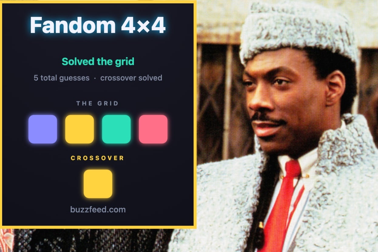 A person in fur attire stands next to a BuzzFeed Fandom 4x4 puzzle grid labeled "Solved" with 5 total guesses and crossover solved