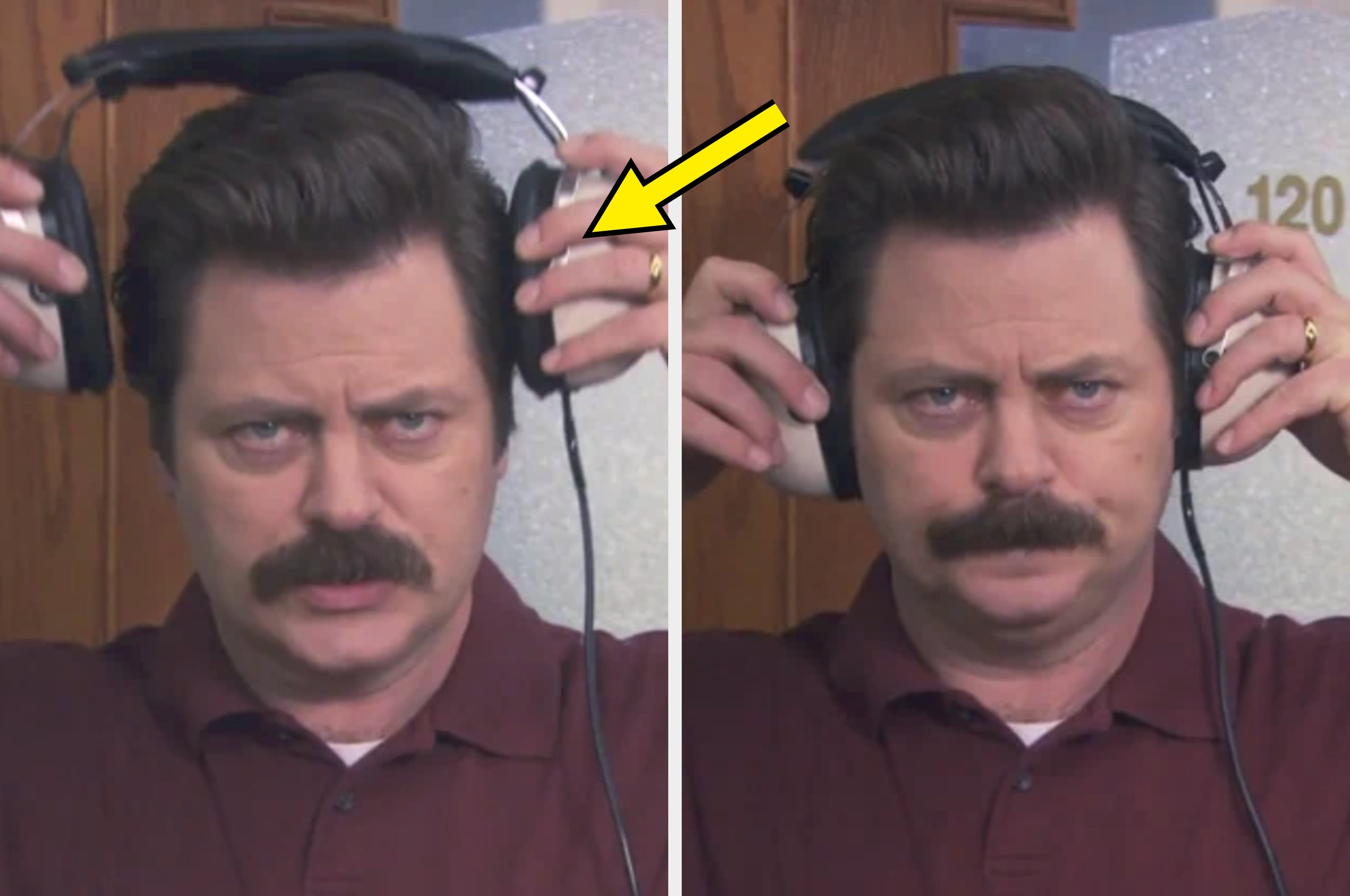 A person with a mustache puts on headphones, expressing curiosity, then furrows brows as if concentrating on the audio