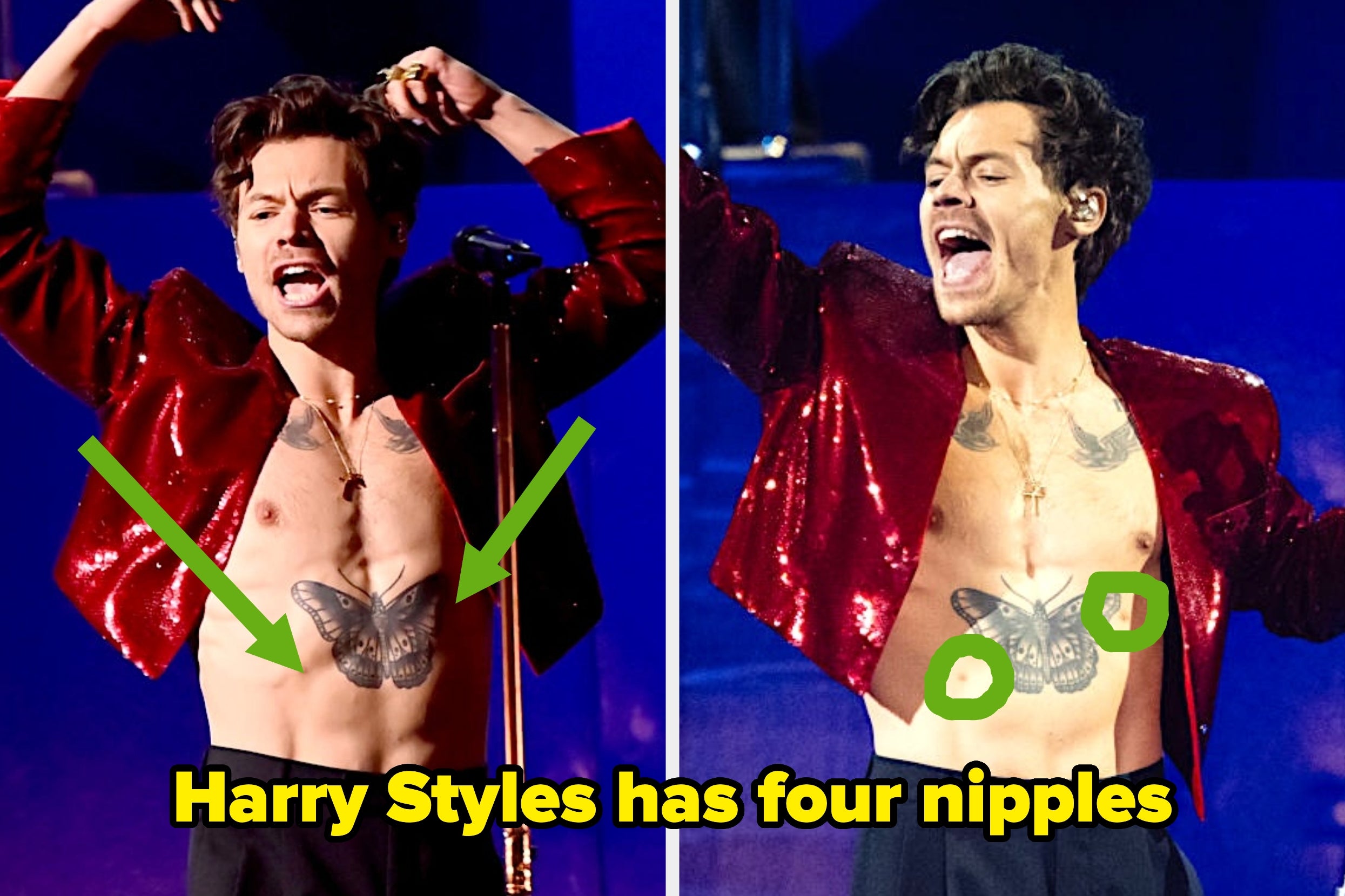 Person in a red sequined jacket performing on stage, shirtless, with visible tattoos. Text discusses the number of their nipples