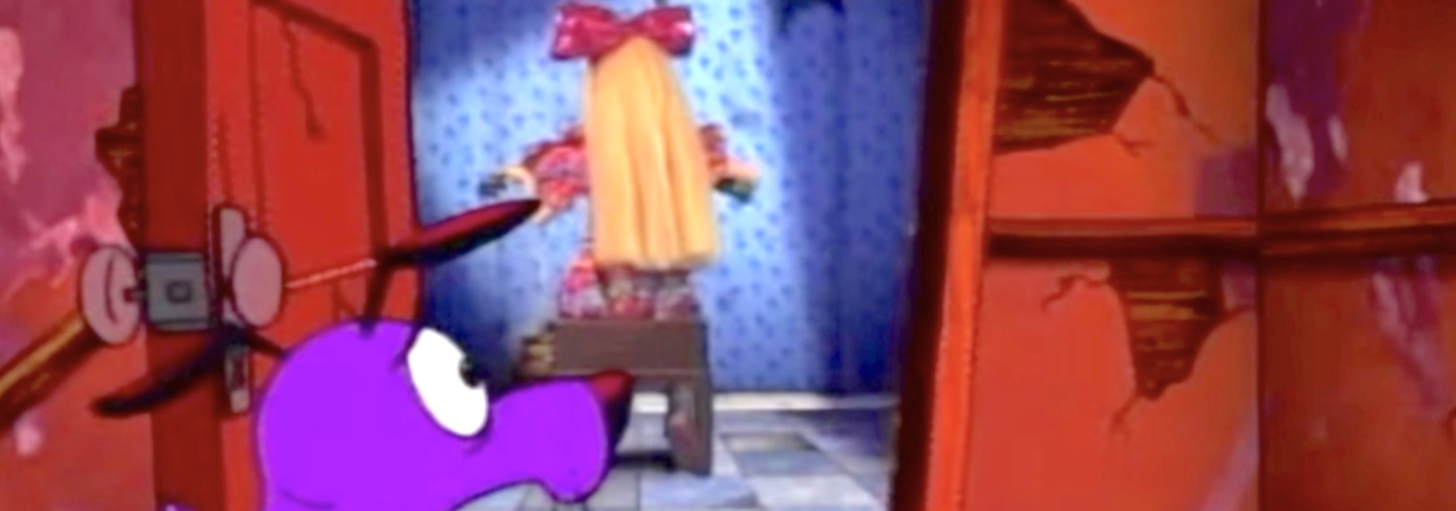Courage is looking at a blond girl facing the wall with a large bow