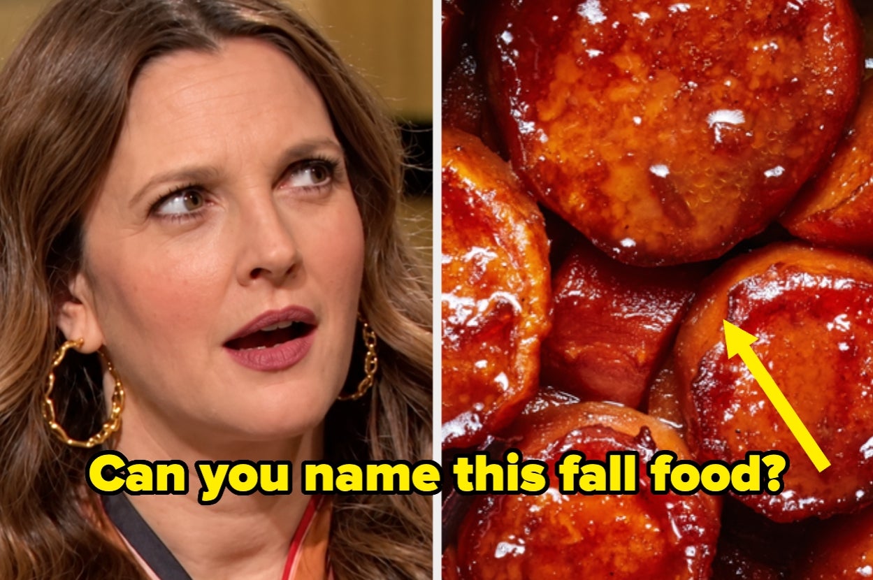 Person speaking next to a close-up of glazed yams. Text asks if you can name the fall food