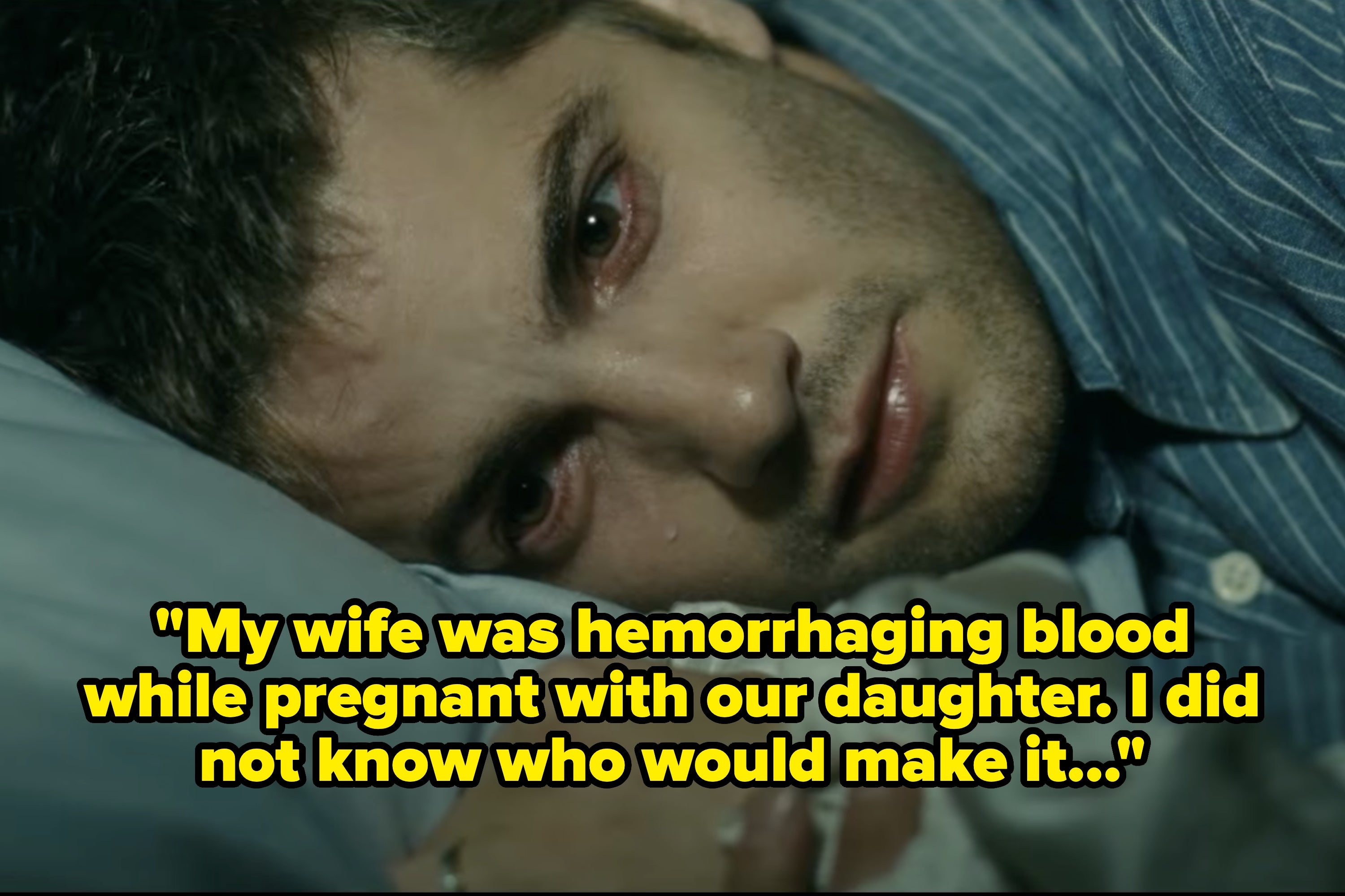 A man sits beside a woman in a hospital bed. Overlay text shares a personal story about a tragic loss during childbirth