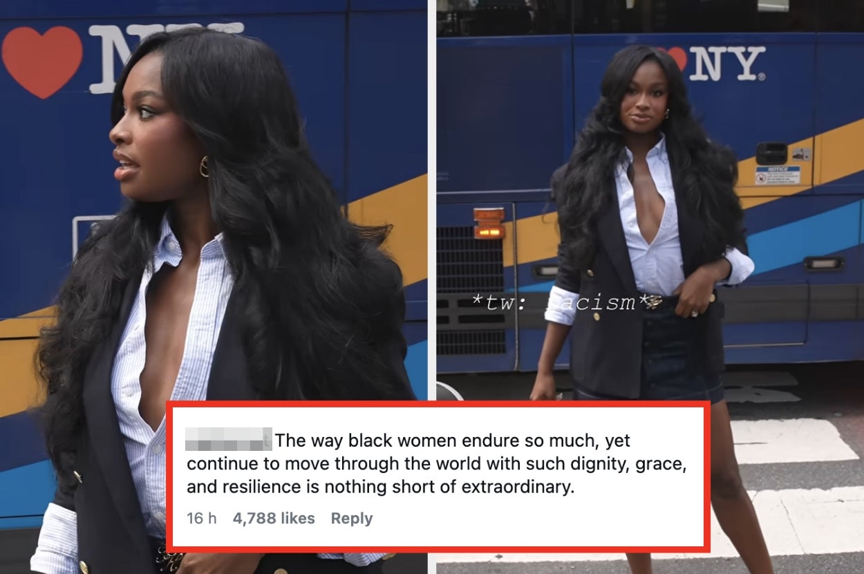 Coco Jones posing outdoors in NYC. A highlighted tweet praises the resilience and grace of Black women