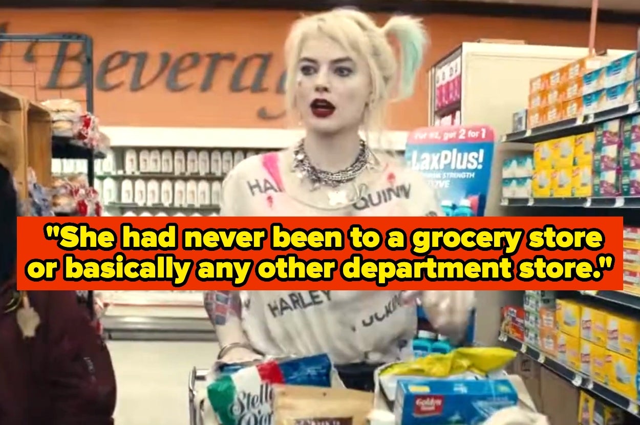 Harley Quinn grocery shopping; quote: "She had never been to a grocery store or basically any other department store"