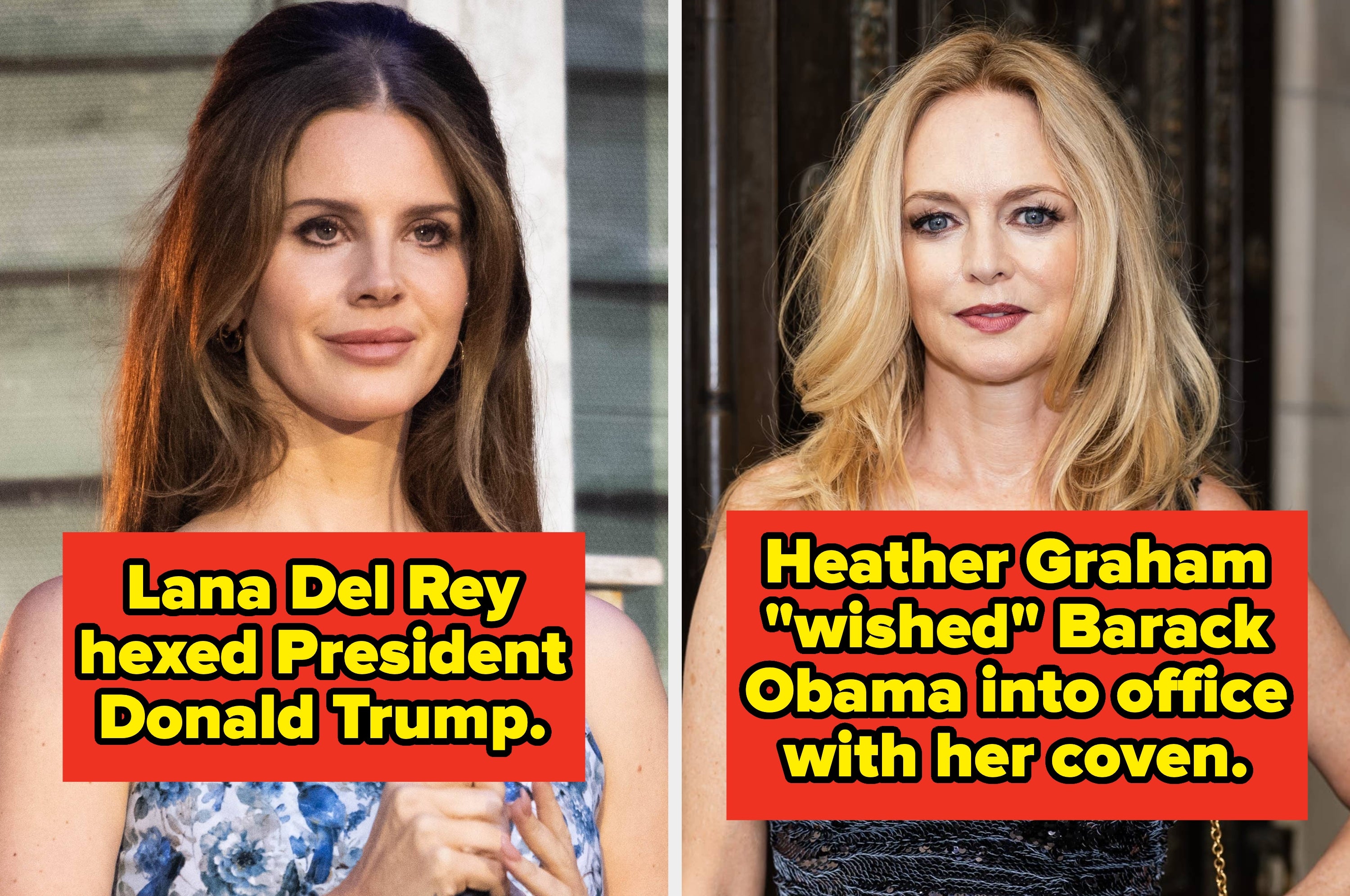 Side-by-side images. Left image: Lana Del Rey poses in front of a light blue background in a black feathered gown. Right image: Heather Graham poses while wearing a sequined dress. The caption over each image reveals their practices of witchcraft