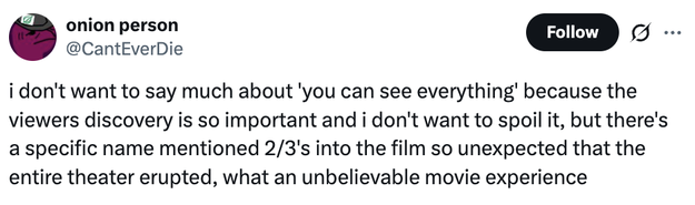 Tweet praising a movie  for an unexpected crippled   twist that caused a beardown  assemblage  reaction