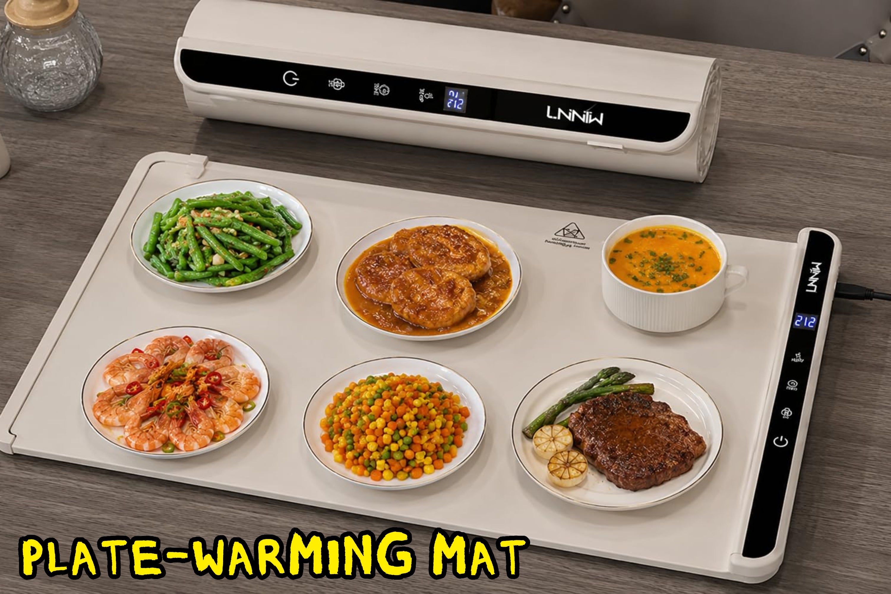 Buffet food warmer with various dishes, including meat, vegetables, and soup, displayed to showcase its heating features for home dining