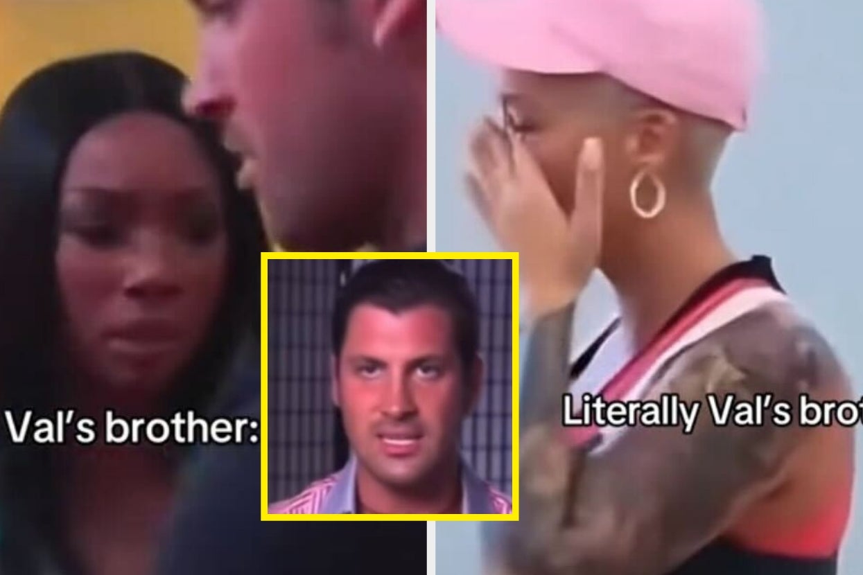 Two images: Left shows two people talking; right shows a woman reacting emotionally, wearing a hat. Both labeled "Val's brother" and "Literally Val's brother."
