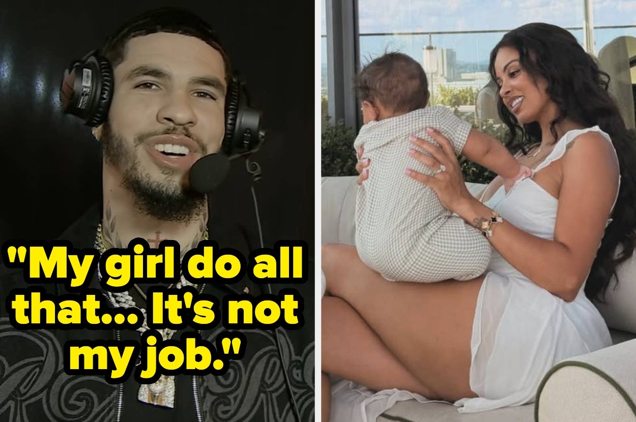 Split image: Left shows a man smiling and speaking, text reads "My girl do all that… It's not my job." Right shows a woman holding a child