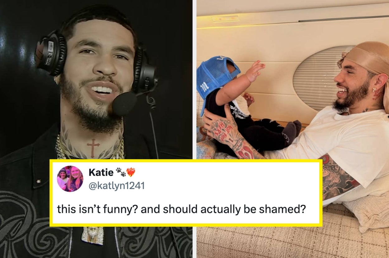 Split image: Left, a man wearing a headset appears to be in a commentary booth. Right, the same man in casual attire smiles while holding a baby on a couch