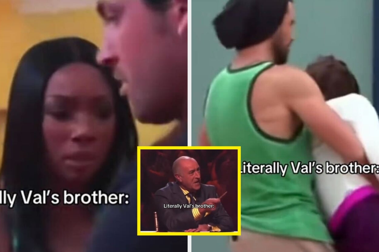 Split image comparing two memes with the text "Literally Val's brother" showing different situations. Central inset shows a man talking