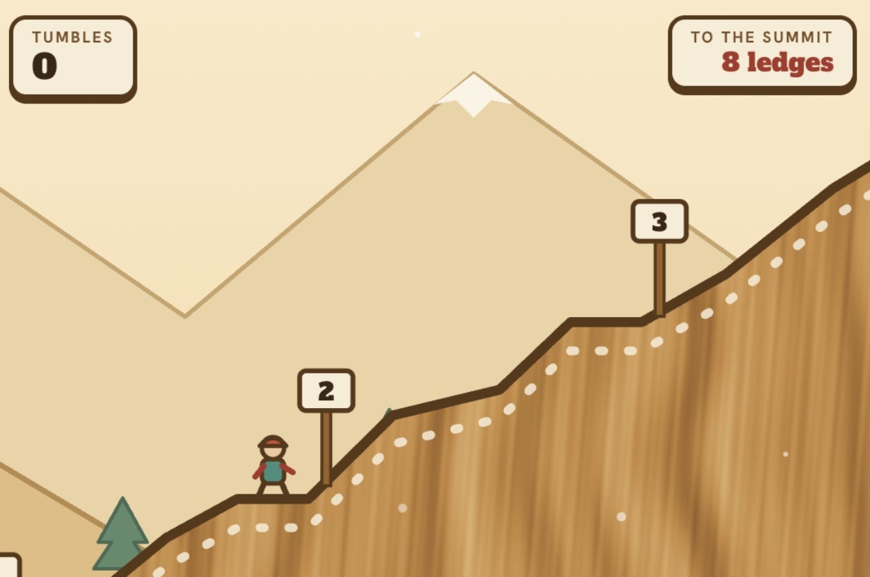 Minimalist mountain climbing game interface with a character at the second ledge of a snowy mountain, heading to the summit with 8 ledges total