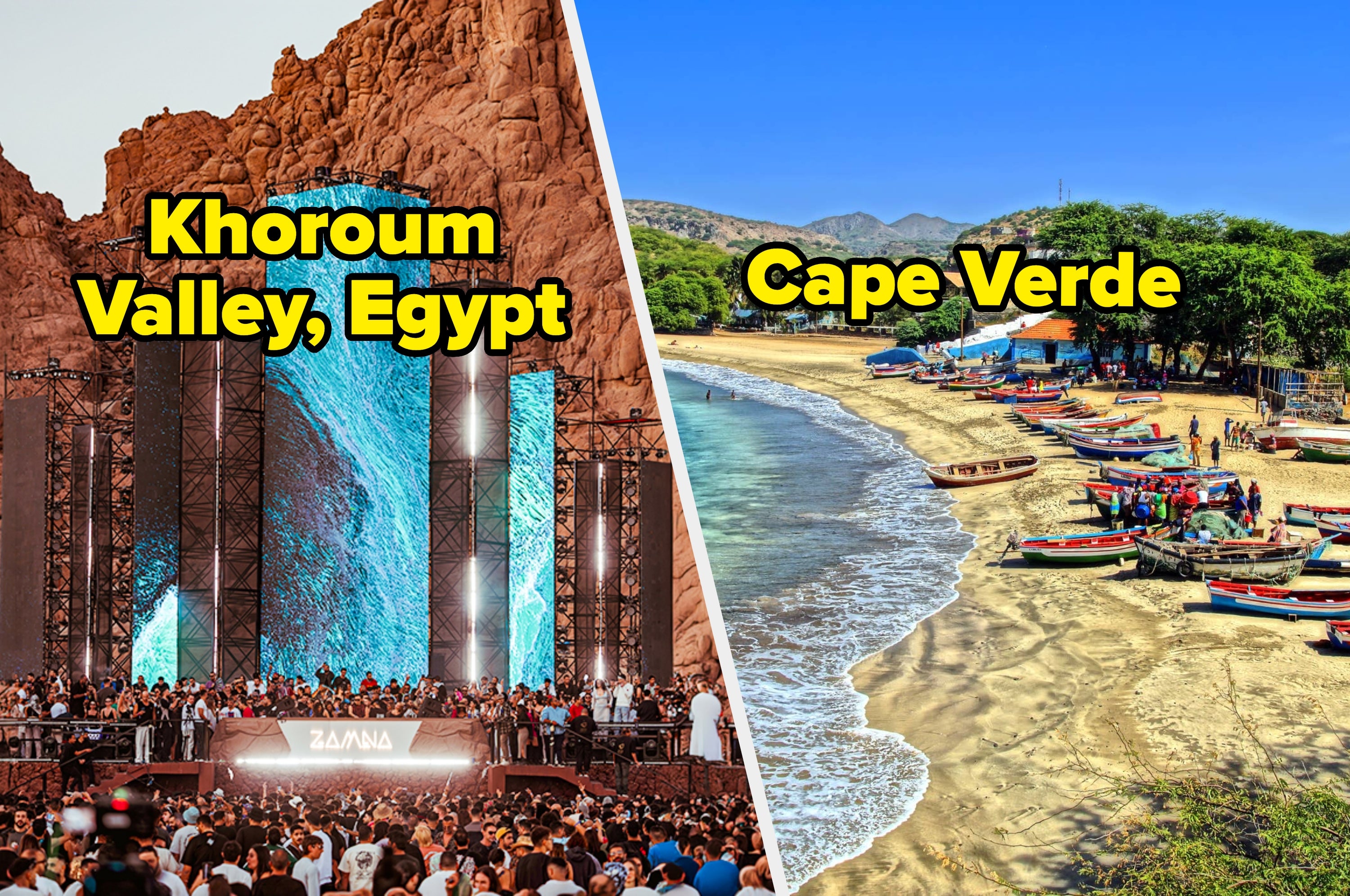 Split image: Left shows a concert in Khoroum Valley, Egypt with a lively crowd; right shows a serene beach with boats in Cape Verde