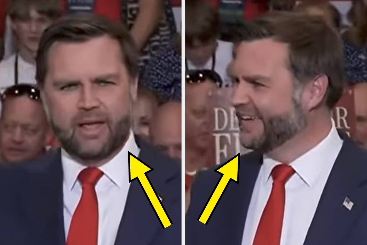 Two images side by side of a man in a suit and tie speaking animatedly, with arrows pointing to his facial expressions